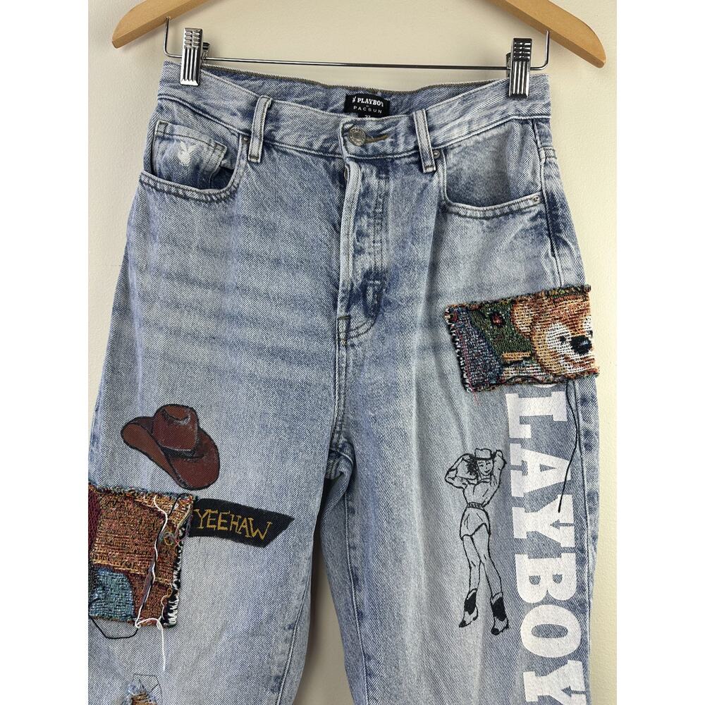 Playboy PacSun Reworked Upcycled Patchwork Denim Jeans Tapestry Boho Women's 27 - Picture 3 of 15